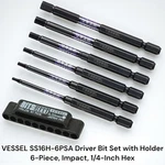 Vessel Ss16h-6psa Driver Bit Set With Holder, 6-piece, Impact, 1/4-inch Hex. Fixed Price $32.00.