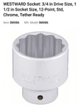 1-1/2" (12-point) 3/4" Drive Socket ( Westward # 5mx86,cr-v). Fixed Price $23.00.