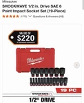 Milwaukee 49-66-7012 Shockwave 1/2" Impact Duty Sae Socket Set - 19 Pc. Fixed Price $97.89.