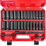 Eaceliy 29pcs 1/2" Socket Set, Deep Sockets (10-24mm, 3/8 "- 1"), Black. Fixed Price $79.99.