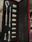 Klein Tools 65504 3/8-inch Drive Socket Wrench Set, 12-piece Set With Metal Box. Fixed Price $29.99.